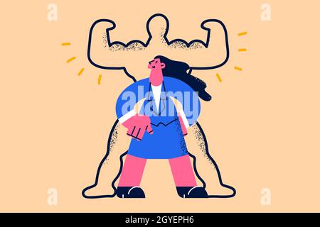 Confiance en soi et concept de leadership.Jeune femme d'affaires personnage de dessin animé en costume debout avec l'ombre de super-héros derrière sur le mur vecteur illustrateur Banque D'Images