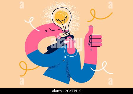 Idée créative et concept d'innovation.Jeune femme souriante personnage de dessin animé debout montrant les pouces vers le haut ayant une grande idée à l'esprit avec ampoule Banque D'Images