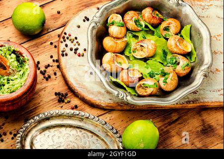Escargots comestibles farcis au beurre vert, spécialités françaises Banque D'Images