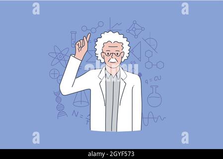 Concept scientifique et physicien praticien.Ancien homme gris à cheveux homme scientifique debout montrant le doigt vers le haut sur les symboles au-dessus du vecteur illustrateur d'arrière-plan Banque D'Images