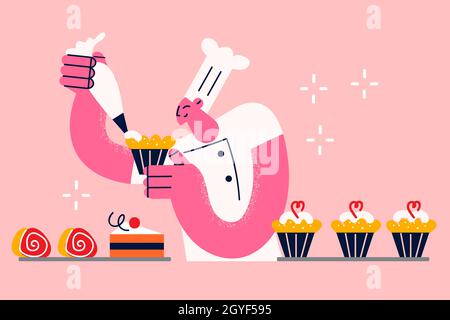 Concept de pâtisseries et de petits gâteaux.Jeune homme boulanger en uniforme blanc et chapeau debout pâtisserie cupcakes et gâteaux ajoutant de la crème aux bonbons vecteur illust Banque D'Images