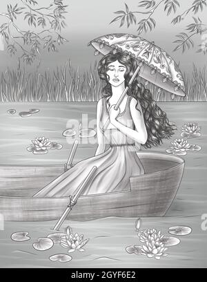 Sad Lady en robe portant un bateau d'équitation dans Un lac avec des lilies d'eau Banque D'Images