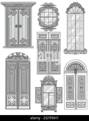 Différentes portes et fenêtres dessins de ligne Clasical et Vintage Designs. Banque D'Images