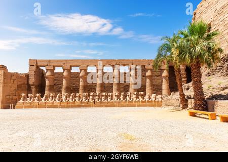 Temple Karnak, la rangée de sphinx à tête de bélier à l'intérieur de la Grande Cour, Louxor, Égypte. Banque D'Images