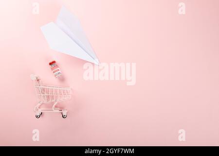 Chariot d'achat avec flacons de vaccins, flacons et seringues pour la vaccination contre le coronavirus et avion en papier pour le transport, la maladie médicale, COVID- Banque D'Images