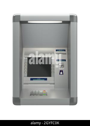 Distributeur automatique avec lecteur de carte. Écran d'affichage, boutons, distributeur de billets, imprimante de reçus. Sécurité par code PIN, banque automatique, retrait électronique des espèces Banque D'Images