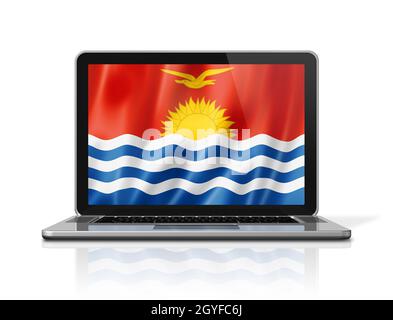 Drapeau de Kiribati sur écran d'ordinateur portable isolé sur blanc. Rendu de l'illustration 3D. Banque D'Images