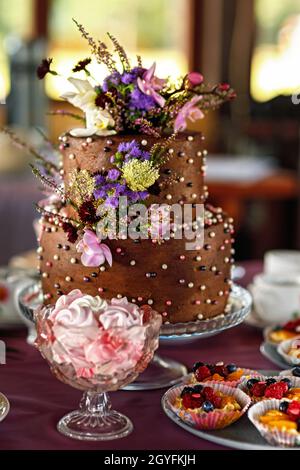 Gâteau au chocolat à deux niveaux sur la table des fêtes Banque D'Images