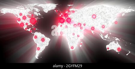 3D-Illustration d'une carte du monde montrant les points d'accès du virus corona covid-19 aux États-Unis et en Europe. Banque D'Images