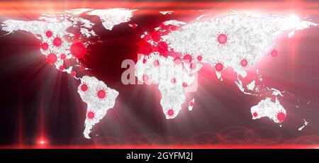 3D-Illustration d'une carte du monde montrant les points d'accès du virus corona covid-19 aux États-Unis et en Europe. Banque D'Images