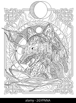 Gros Wolf Head Line dessin vue loin au milieu de la nuit. Banque D'Images