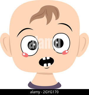 Enfant avec des émotions panique, visage surpris, yeux choqués.Tête de bébé avec expression effrayée Illustration de Vecteur