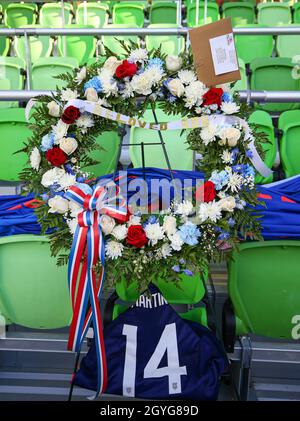 7 octobre 2021 : un mémorial pour le jeune fan de football Martin Huschka, décédé à l'âge de 7 ans en septembre 2021, est établi dans la section des supporters de l'équipe des États-Unis lors de la coupe du monde de la FIFA entre les États-Unis et la Jamaïque le 7 octobre 2021 à Austin, Texas.Les États-Unis ont gagné 2-0.(Image de crédit : © Scott Coleman/ZUMA Press Wire) Banque D'Images