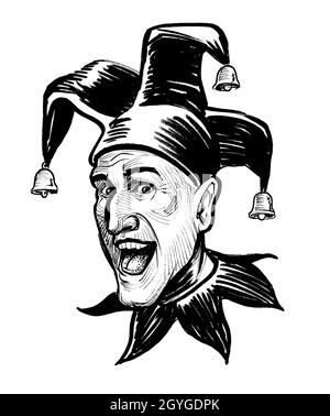 Rire tête de jester.Dessin noir et blanc Banque D'Images