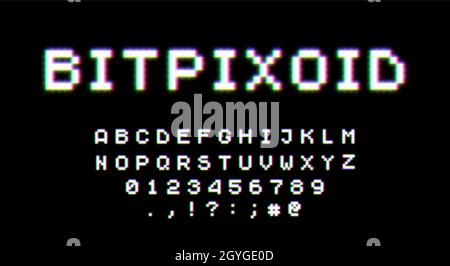 Style rétro des années 80 avec lueur néon.Jeu vidéo pixel police 8 bits.Jeu de caractères latins majuscules, chiffres et signes de ponctuation de style rétro Illustration de Vecteur