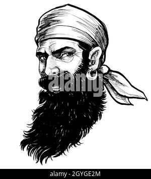 Personnage de pirate barbu.Dessin noir et blanc Banque D'Images