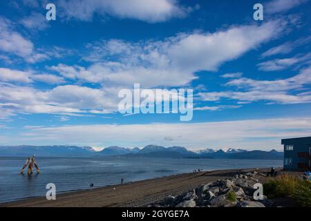 BAIE DE KACHEMAK et vue sur la chaîne de montagnes Chugach du parc national de Kachemak Bay - HOMER SPITT, ALASKA Banque D'Images