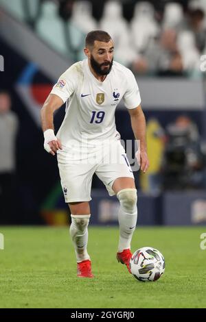Turin, Italie, 7 octobre 2021.Karim Benzema de France pendant le match de l'UEFA Nations League au stade Juventus, à Turin.Le crédit photo devrait se lire: Jonathan Moscrop / Sportimage Banque D'Images