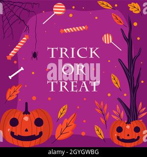 trick dessiné à la main ou traiter halloween avec de la citrouille, des bonbons, des arbres et des toiles d'araignée. illustration vectorielle Illustration de Vecteur
