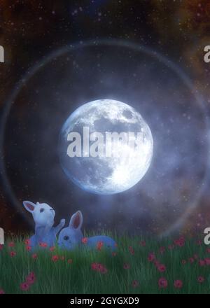 Mignon lapin blanc dans la prairie et pleine lune, éléments de cette image fournie par la NASA.Illustration 3D. Banque D'Images