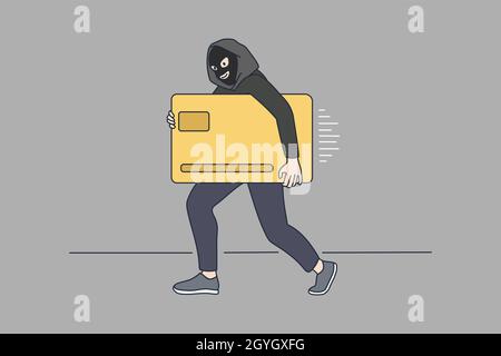 Homme voleur dans le costume de masque vol or carte de crédit.Internet scammer ou hacker thamiez de l'argent en ligne.Escroquerie et corruption.Cyber-attaque, fraude sur le Web, problème de sécurité bancaire, illustration vectorielle plate. Illustration de Vecteur