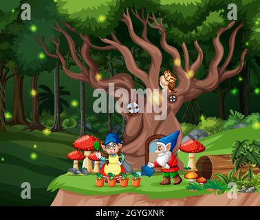 Scène de forêt de fantaisie avec illustration de la famille gnome Illustration de Vecteur