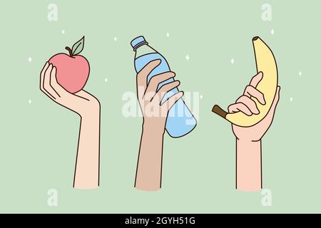 Les mains des gens tenant des fruits et de l'eau suivent un mode de vie sain.Gros plan divers hommes femmes recommandent de bonnes habitudes alimentaires pour garder la forme.Régime, concept de bien-être.Illustration vectorielle plate. Illustration de Vecteur