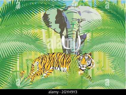 Jungle tropicale avec éléphant et tigre, illustration Illustration de Vecteur