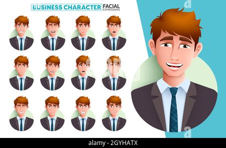 Ensemble de vecteurs d'expressions du visage d'homme d'affaires.Homme d'affaires caractère dans le sourire, rire, sérieux et fâché visage émotions pour l'humeur de l'employé masculin. Illustration de Vecteur