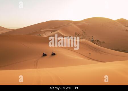 Les touristes en quad traversent les dunes du désert du Sahara au coucher du soleil Banque D'Images