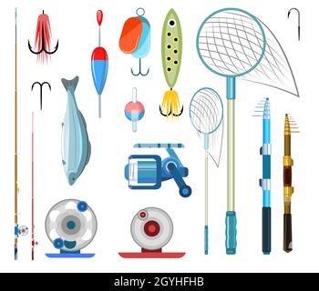 Ensemble d'objets de pêche.Cannes à pêche, flotteurs et leurres avec crochets.Isolé sur fond blanc.Accessoires de camping complets.Vecteur Illustration de Vecteur