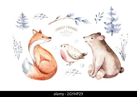 Aquarelle avec deer fawn, lapins, oiseaux isolé sur fond blanc. Les animaux sauvages de la forêt. Hiver illustration peinte à la main Banque D'Images