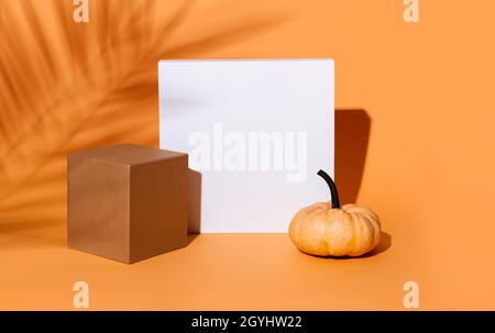 Composition abstraite d'arrière-plan avec formes géométriques et décor de citrouille d'action de grâce. Présentation de l'étape du produit STILL Life pour le concept d'halloween. Minimale Banque D'Images
