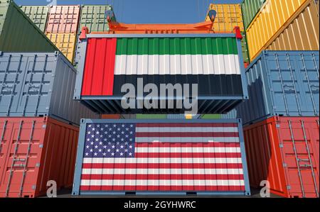 Conteneurs de fret avec drapeaux nationaux des Émirats arabes Unis et des États-Unis.Rendu 3D Banque D'Images