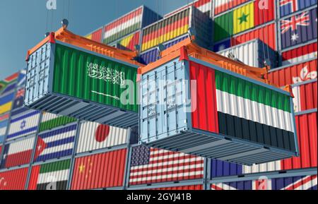 Conteneurs de fret avec drapeaux nationaux des Émirats arabes Unis et de l'Arabie saoudite. Rendu 3D Banque D'Images
