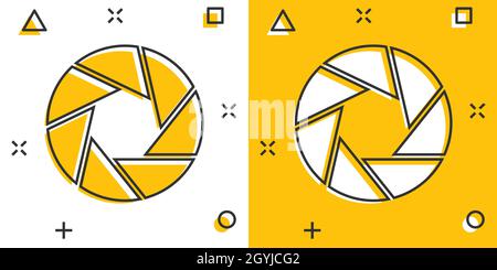 Icône de diaphragme de caméra dans le style comique. Illustration vectorielle du panneau de dessin animé de la lentille sur fond blanc isolé. Photo snapshot splash effet business conceps Illustration de Vecteur