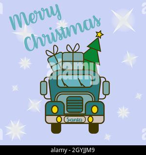 Le Père Noël apporte ses cadeaux de voiture bleue et son arbre de Noël Illustration de Vecteur