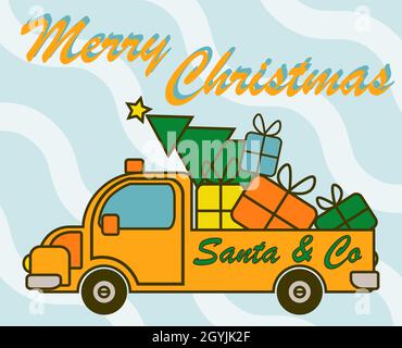Le Père Noël apporte ses cadeaux de voiture jaune et son arbre de Noël Illustration de Vecteur