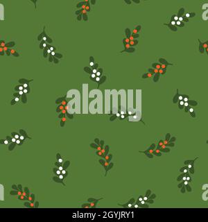 Motif vectoriel sans couture en GUI.Branches vertes et baies rouges hiver arrière-plan de vacances répéter la tuile.Décoration de Noël florale minimaliste Illustration de Vecteur