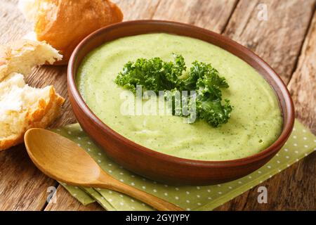 Soupe légère à la crème diététique faite de chou kale gros plan dans un bol sur la table. Horizontale Banque D'Images