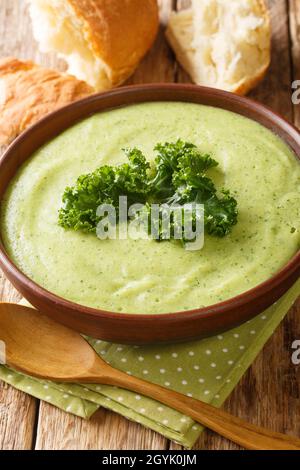 Purée de soupe à la crème alimentaire à base de chou kale dans un bol sur la table. Verticale Banque D'Images