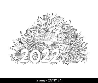 2022 boules de Noël en forme d'étoile, dessin à la main, contour, silhouette, pour des motifs festifs,carte postale, bannière, félicitations, pour la coloration.Illustration vectorielle Illustration de Vecteur