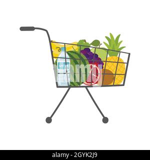 Chariot de supermarché avec eau et fruits. Illustration de Vecteur