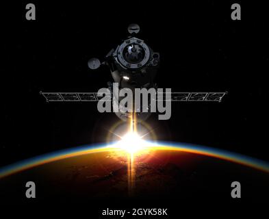 Vaisseau spatial sur l'orbite de la Terre.arrière-plan de rendu 3d.Illustration 3D Banque D'Images