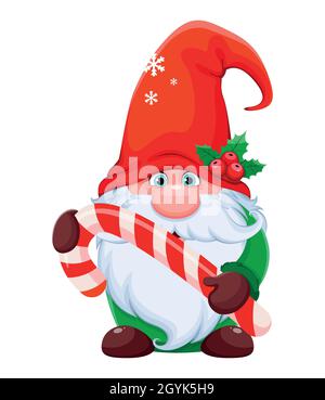 Gnome drôle tenant une grande canne à sucre.Joli nain en forme de personnage de dessin animé Red Hat.Carte de vœux de joyeux Noël et de bonne année.Vecteur de stock illustrati Illustration de Vecteur