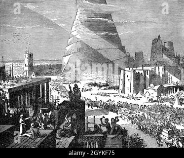 Illustration de la fin du XIXe siècle du Livre de la Genèse de la construction de la Tour de Babel dans l'ancienne Mésopotamie, sur la rive est de l'Euphrate.L'histoire de la Bible implique le peuple de Babel essayant de construire une tour qui va atteindre le ciel, mais Dieu est venu pour voir la tour qu'ils construisent et dans sa sagesse infinie, il savait que ce 'chemin au ciel' ne ferait que conduire le peuple loin de Dieu.Le but du peuple n'était pas de glorifier Dieu et de soulever son nom, mais de construire un nom pour lui-même. Banque D'Images