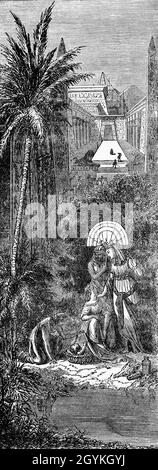 Une illustration de la fin du XIXe siècle du Livre de la Genèse de la découverte de Moïse par la fille de Pharaon qui descendrait dans la rivière pour un bain, vit l'arche flotter sur l'eau, parmi les roseaux.Elle a envoyé une de ses servantes pour l'amener à elle l'a ouvert, et il y avait un beau petit bébé, qui a commencé à pleurer pour être pris... Banque D'Images