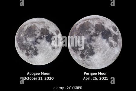 Il s'agit d'une paire de comparaison de la pleine Lune à l'apogée (la plus éloignée de la Terre pour l'année) à gauche, et au périgée (la plus proche de la Terre) à droite, avec le Banque D'Images