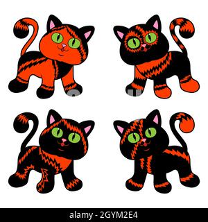 Quatre chats cartoon différents pour Halloween en noir et orange couleurs isolées sur fond blanc, image des animaux de compagnie Illustration de Vecteur