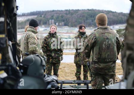 Des soldats affectés à l'unité néerlandaise Koninklijke Landmacht ont travaillé avec des soldats affectés à la 3e Brigade aérienne de Calvary, 3e Division d'infanterie, lors d'une formation d'évacuation médicale, à la zone d'entraînement de Hohenfels, en Allemagne, le 28 janvier 2020.Cette formation sur l'interopérabilité fait partie de la solution combinée XIIICombined Resolve XIII est un exercice multinational d'opération terrestre unifiée dirigé par le département de l'Armée de terre avec la Brigade de la Force alignée régionale des États-Unis pour soutenir les objectifs du Commandement européen (EUCOM).Le but de l'exercice est de préparer la 2e équipe de combat de la Brigade blindée, 1er Calva Banque D'Images